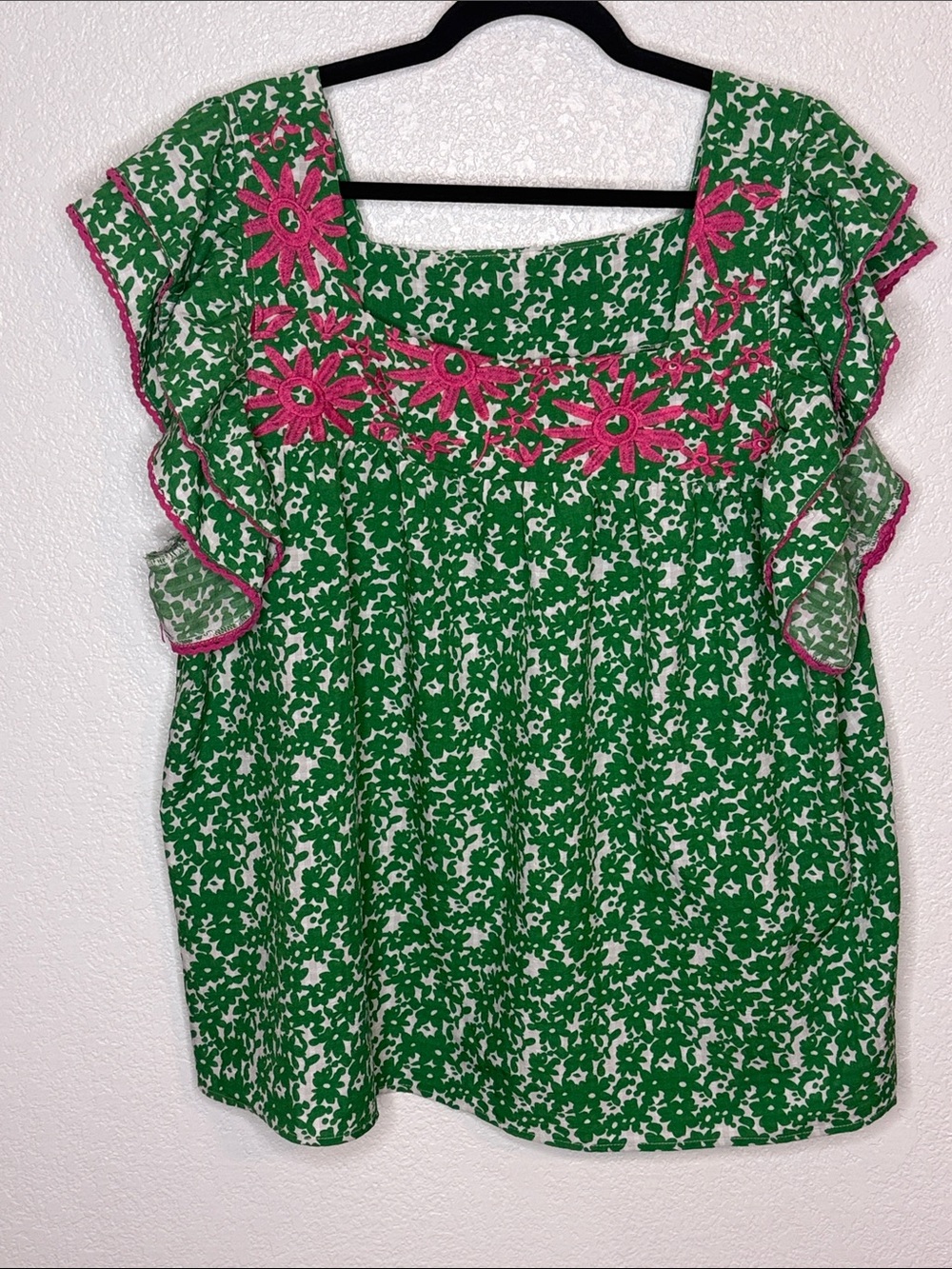 Oddi Green & Pink Floral Ruffle Embroidered Top Size 3X